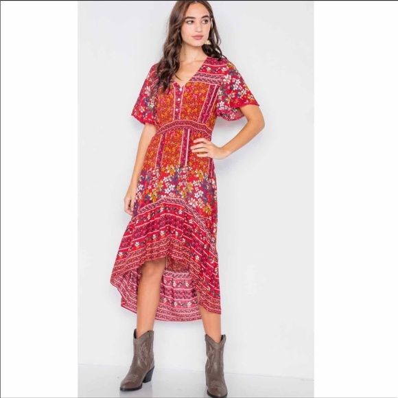 ✨🌺🌸NEW🌸🌺✨ Red Floral Hi-Low Boho Dress - Picture 3 of 7